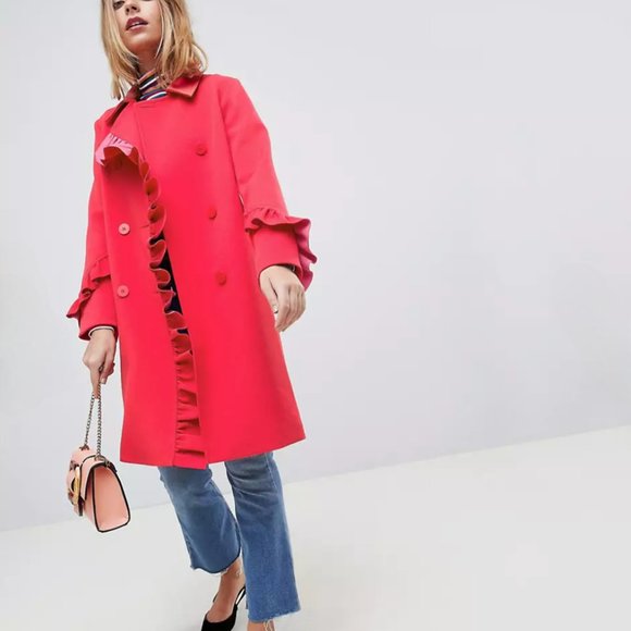 ASOS DESIGN Petite Frill Bonded Red Pink Ruffle Double Breasted Trench Coat 6 - Picture 1 of 14